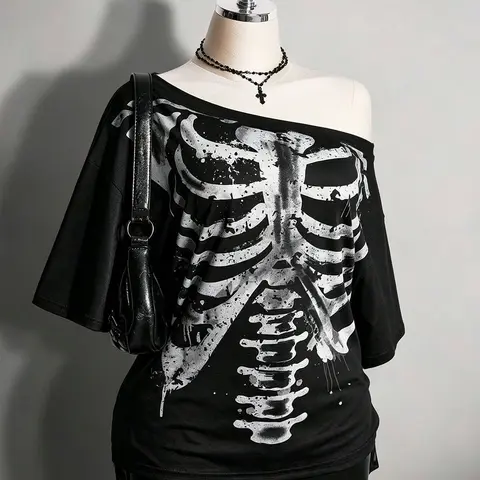 Women's Halloween Off‑Shoulder Skeleton Print Short‑Sleeve T‑Shirt Top, Dark Gothic Style, Suitable For Streetwear And Halloween Party Outfits