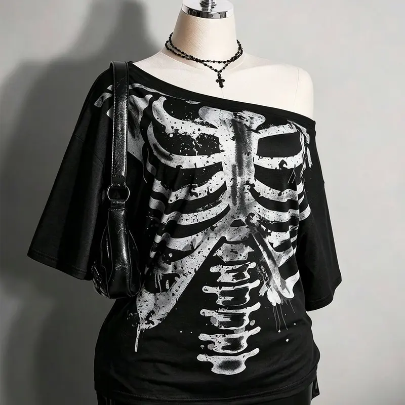 Women's Halloween Off‑Shoulder Skeleton Print Short‑Sleeve T‑Shirt Top, Dark Gothic Style, Suitable For Streetwear And Halloween Party Outfits