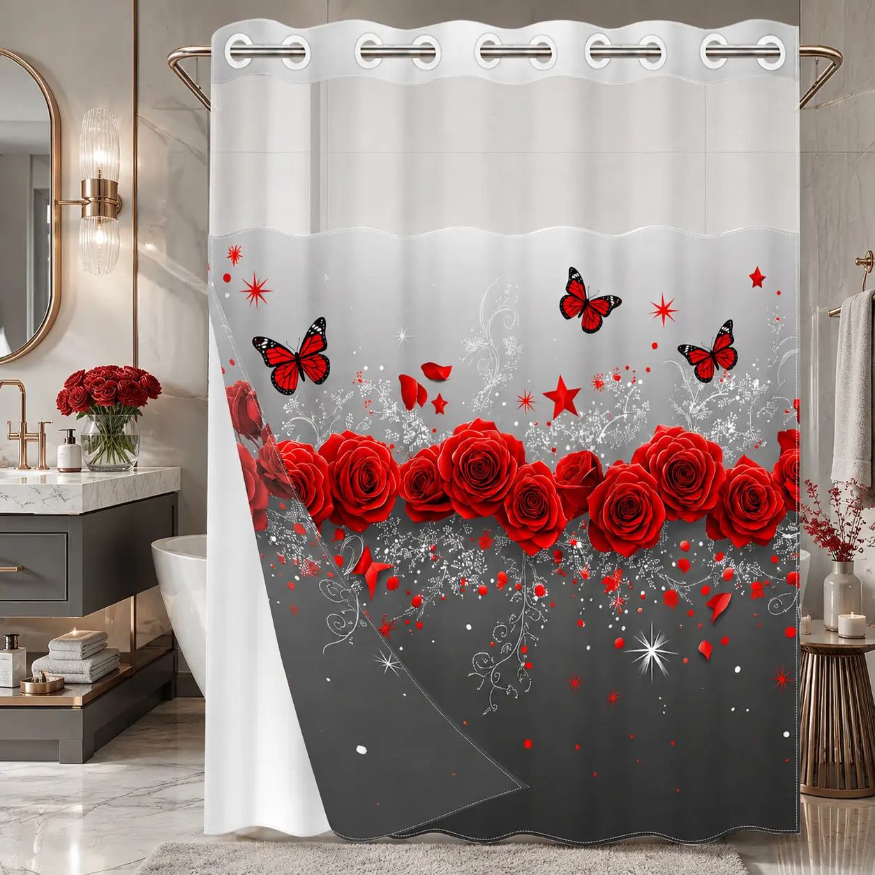 1pc hookless shower curtain with buckle lining, spring red rose butterfly star design 2D flat print, fabric waterproof lining shower curtain with see-through window double layer shower curtain, 71 x 74 inches, modern home curtain decoration.