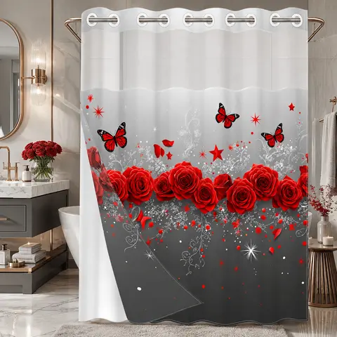 1pc hookless Pretty shower curtain, with buckle lining, spring red rose butterfly design 2D flat print, fabric waterproof lining with see-through window double layer, 71 x 74 inches, home decoration