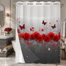 1pc hookless Pretty shower curtain, with buckle lining, spring red rose butterfly design 2D flat print, fabric waterproof lining with see-through window double layer, 71 x 74 inches, home decoration