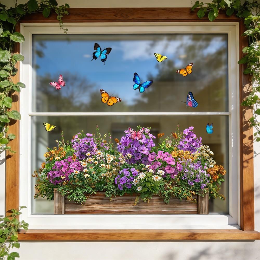 Home Floral Glass Stickers, Butterfly Plant Landscape Static Stickers, Decorative Stickers, Bathroom Bedroom Living Room Window Decor, Reusable Adhesive