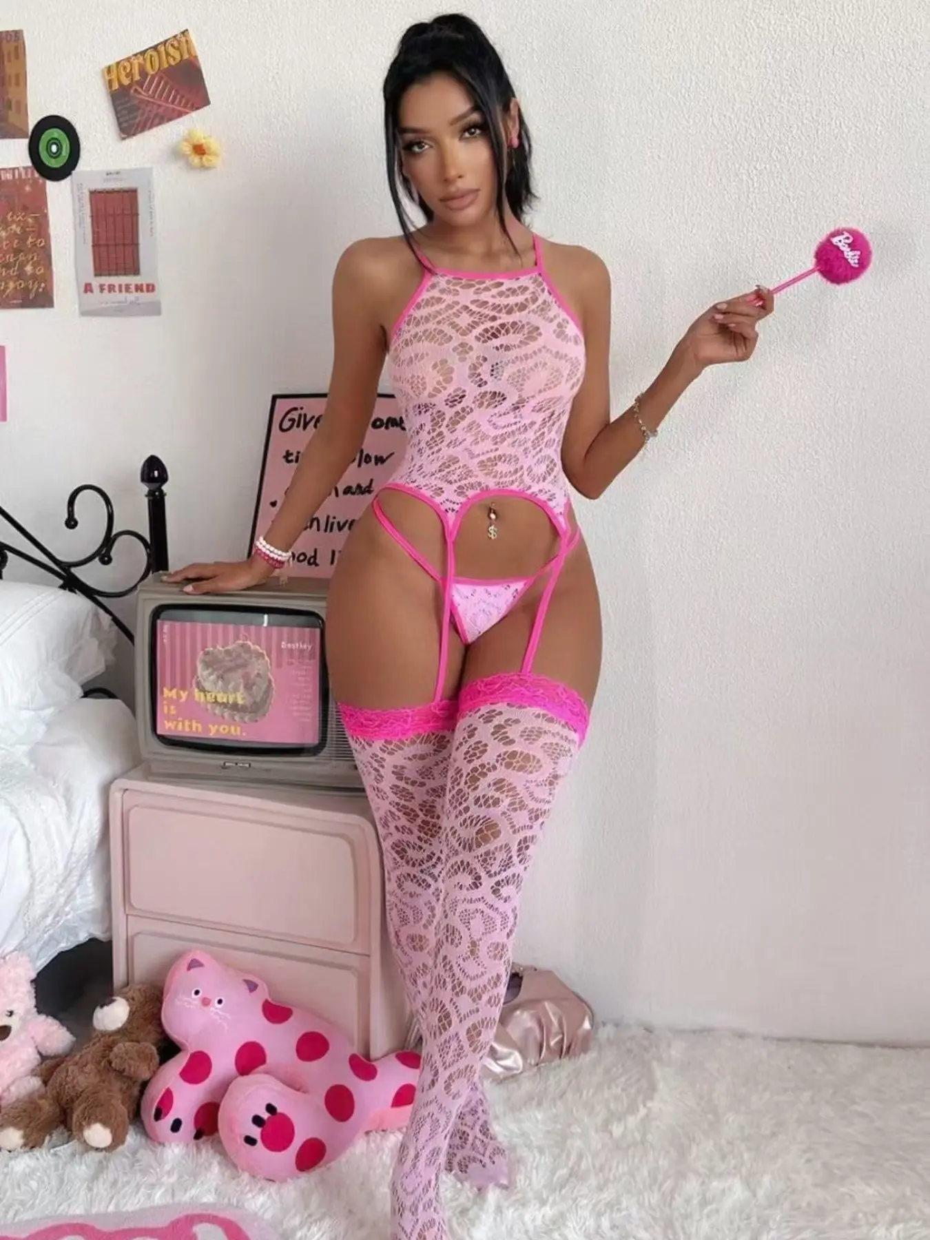 2-Piece Sexy Lace Garter Lingerie Set, Sheer Thong & Halter Neck Bodysuit with Stockings, Cute Set for Date Night & Special Occasions (Fits 40–80 kg)