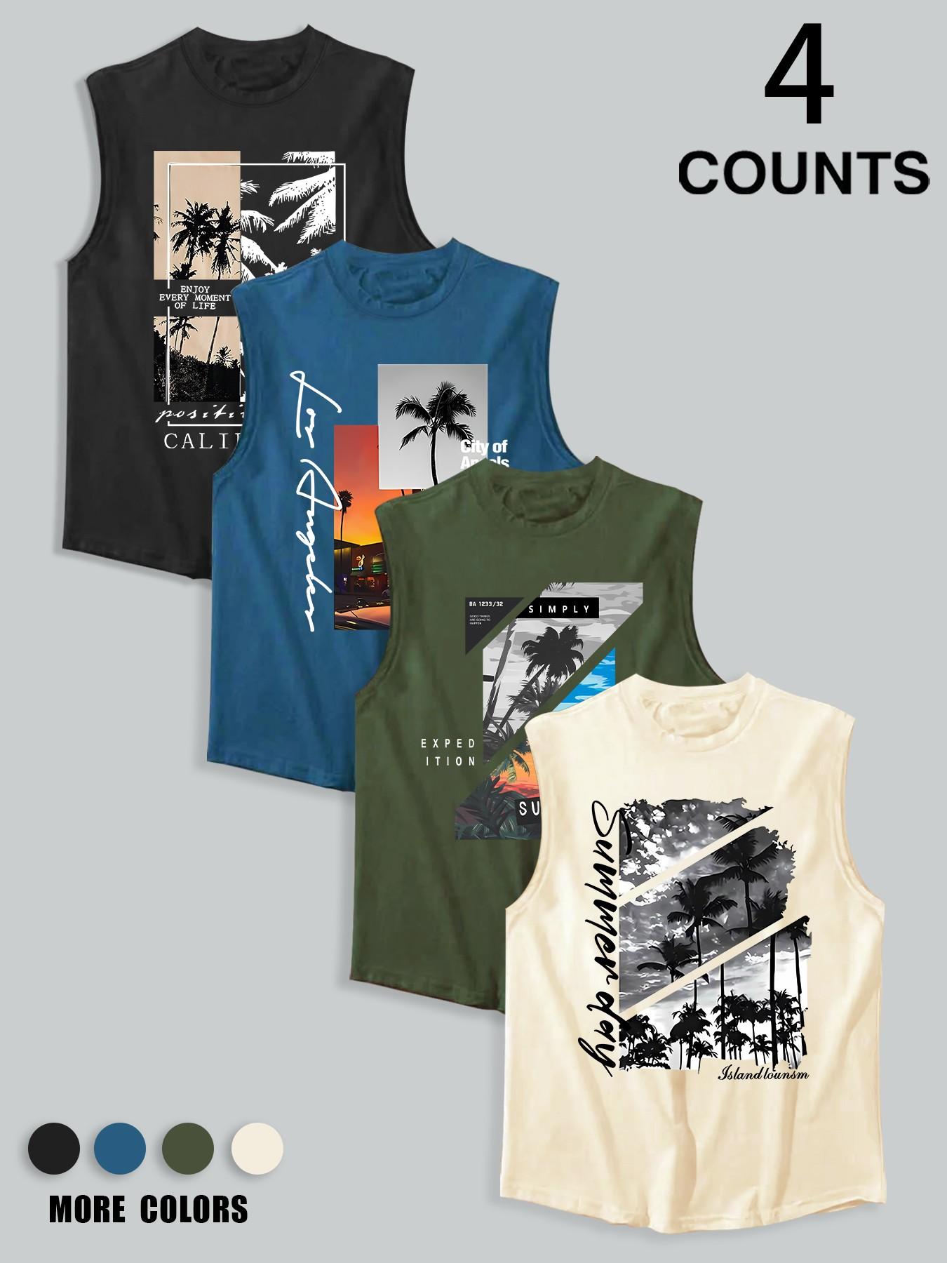 Men's 4-Pack Palm Tree & City Scene Graphic Sleeveless Tank Tops, Summer Vacation Casual Athletic Vests, Beach Streetwear #SummerStreetwear #PalmTreeTank #BeachWear #MensAthleticWear #TikTokMadeMeBuyIt