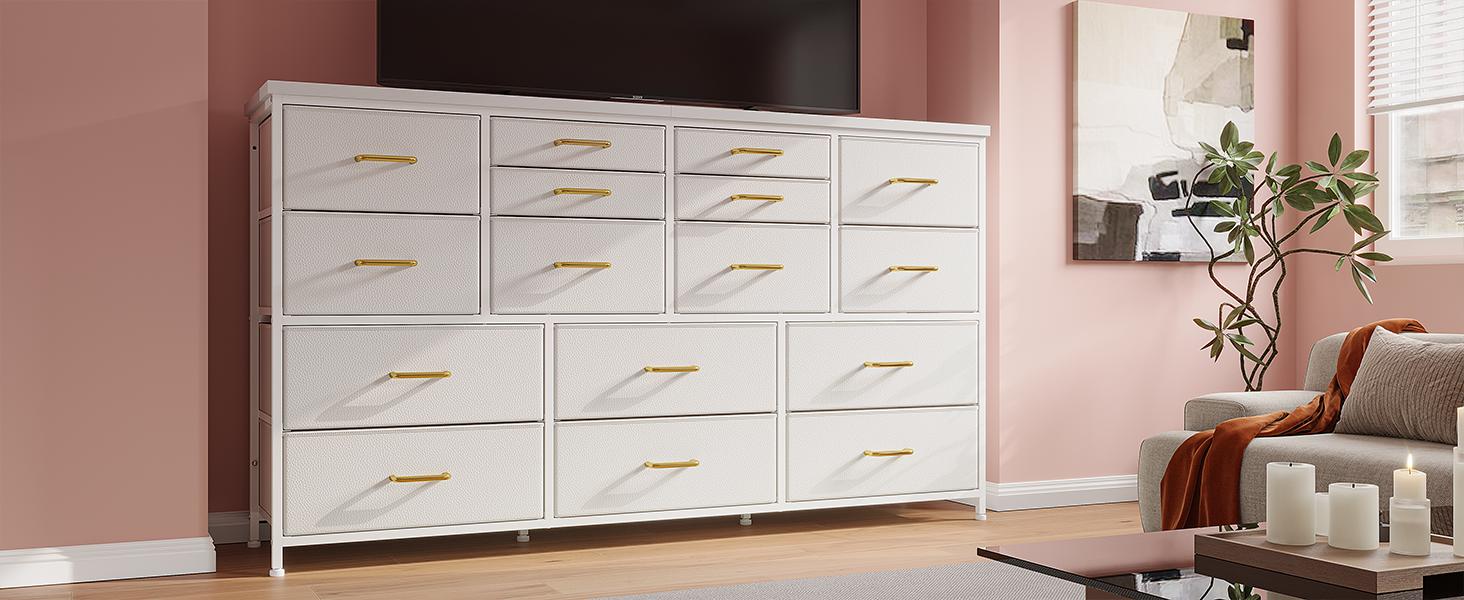 【SpringGlowUp】Raybee Furniture TV Stand with 16 Storage Drawers & Power Outlet, Heavy Duty Metal Frame & Wood Top Media Console, Large Entertainment Center for Living Room, Bedroom, Closet, Modern Home Decor Storage Cabinet Organization for Small Space