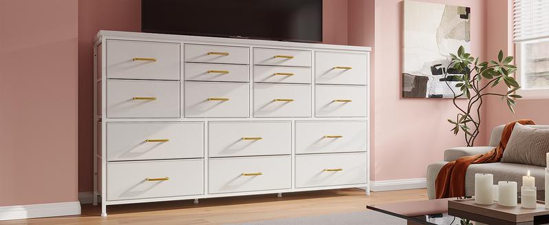 【24H-Online Help】Raybee Furniture TV Stand with 16 Storage Drawers & Power Outlet, Heavy Duty Metal Frame & Wood Top Media Console, Large Entertainment Center for Living Room, Bedroom, Closet, Modern Home Decor Storage Cabinet Organization for Small Space