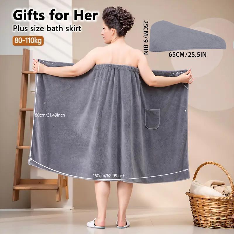 Plus Size Solid Color Bathrobe, 2/4 Counts Soft Water Absorbent Bath Skirt & Hair Drying Cap, Bathroom Supplies for Home Hotel Salon