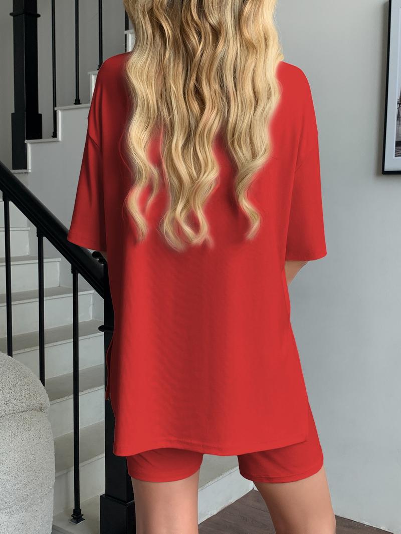 Cozy Mama Lounge Set, Women's 2-Piece, Crew Neck Oversized T-Shirts, Comfortable Home Wear, Perfect for Relaxing at Home