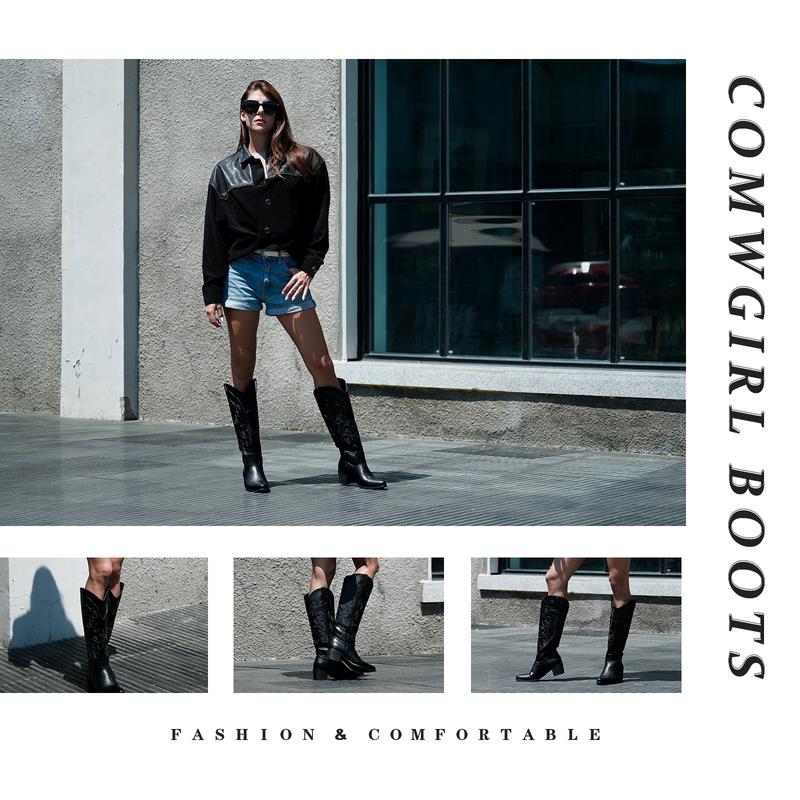 IUV Women's Western Cowboy Boots Pointy Toe Cowgirl Boots Mid Calf PU Leather Rubber Sole Classic Embroidery Design Comfortable Padded Lining