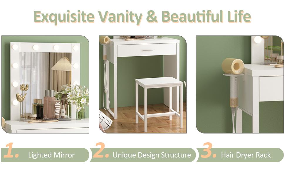 Vabches Makeup Vanity Desk, White Vanity Set Vanity Table with Lighted Mirror, 10 LED Lights Brightness Adjustable, 27.6in(L), White