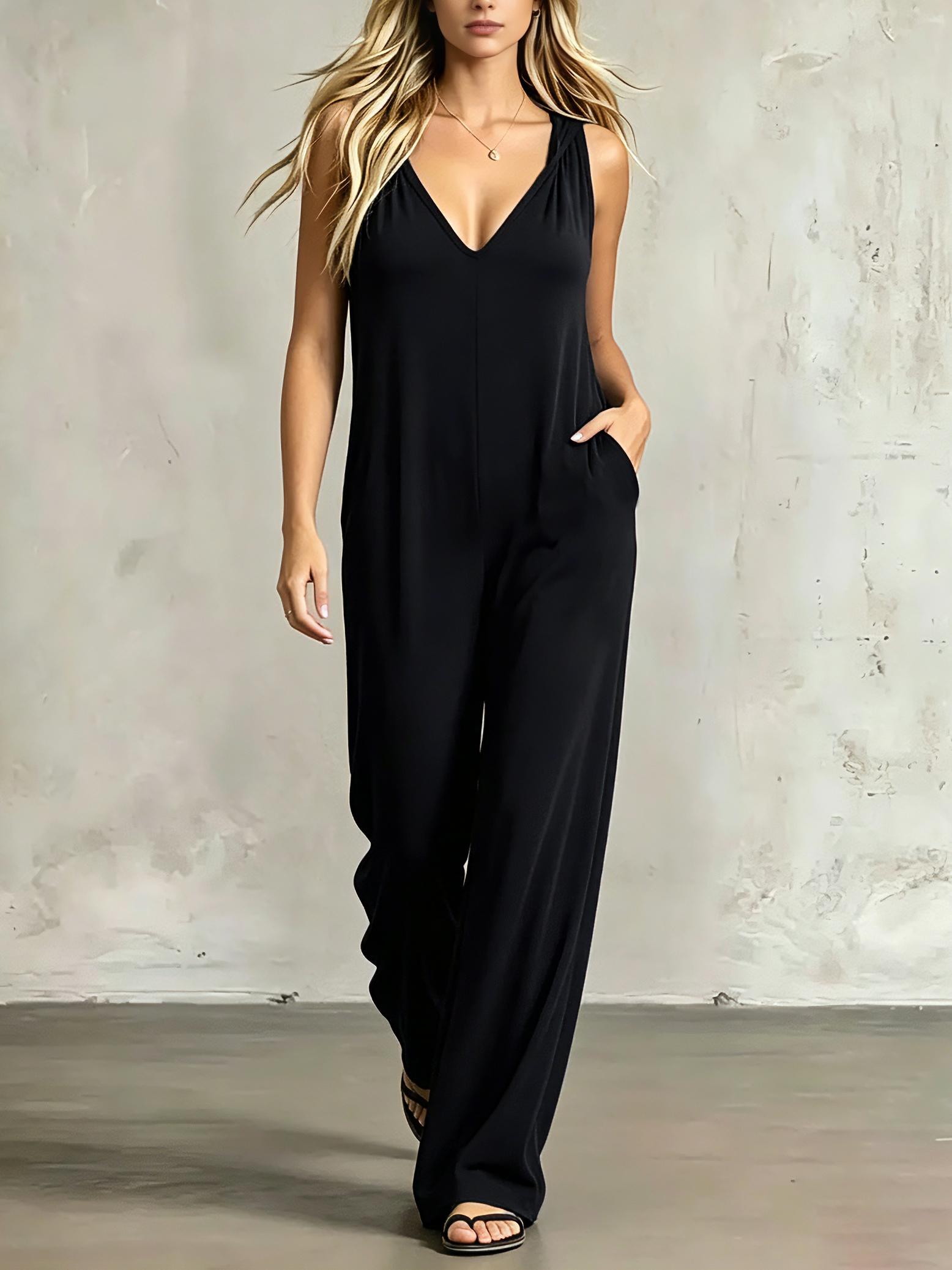 T7001 Women Soft Casual Loose Loungewear Hooded One Piece Jumpsuit, Sleeveless V Neck Wide Leg with Pockets, Ideal for Summer Holiday & Daily Active Wear.