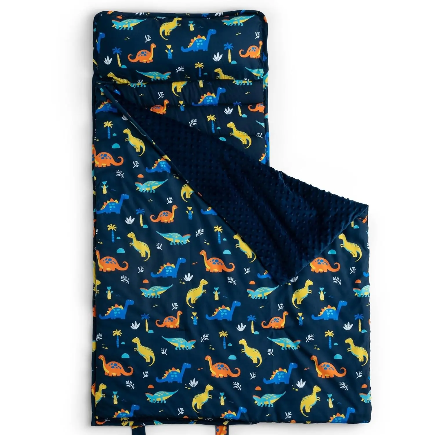 Toddler Nap Mat with Removable Pillow and Minky Fleece Blanket, 55"x23", Ultra Soft Roll-Up Slumber Bag for Boys, Dinosaur, Perfect for Preschool and Daycare(Gift)
