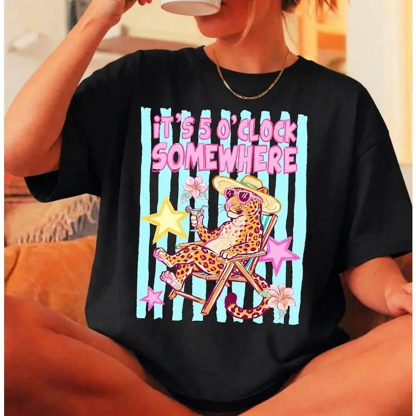  Leopard Graphic Summer Shirt It’s 5 o’clock Somewhere, Trendy Beach T-Shirt, Girls Trip Tee Retro Tropical Apparel