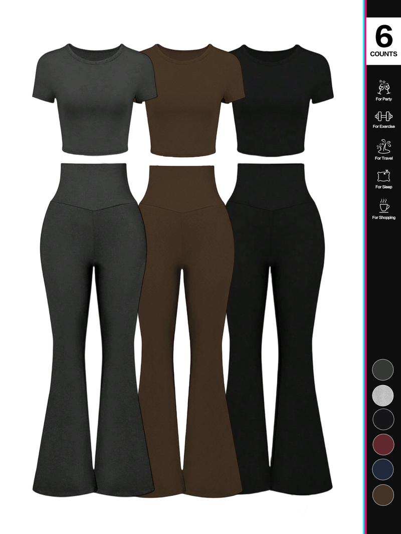 Women's Solid Loungewear Set, Casual Short Sleeve Crop Top & High Waist Flare Leg Pants, Ladies Sleepwear for All Seasons, Pajama Set
