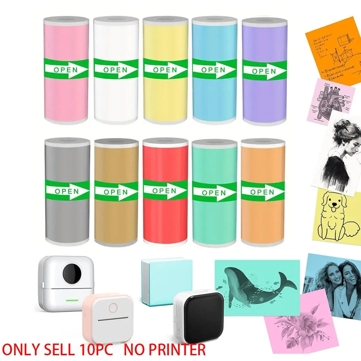 Colorful Self-adhesive Open Printing Paper, 10 Rolls Color Printing Paper for Mini Portable Printers, Printer Camera Accessories for Photos, DIY, Notes, Memos, Graphics, Artwork, Designs