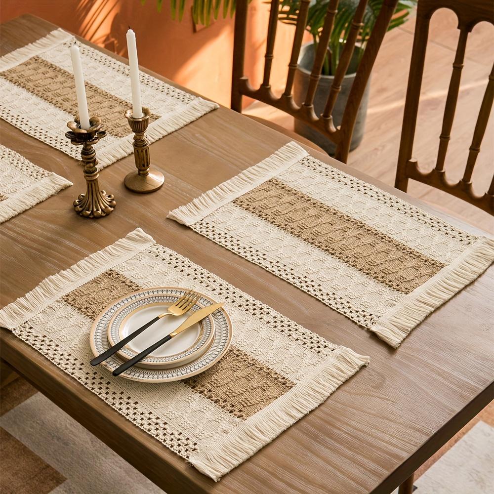 4/8pcs Bohemian Rustic Placemats, Hand-Crocheted Coffee Table Mates with Tassels in Farmhouse Burlap Style for Home Dishware Heat Insulation. Perfect as Boho Charm Decorations at the Dinning Room or Wedding Party Holiday Celebration,Party Table Decor