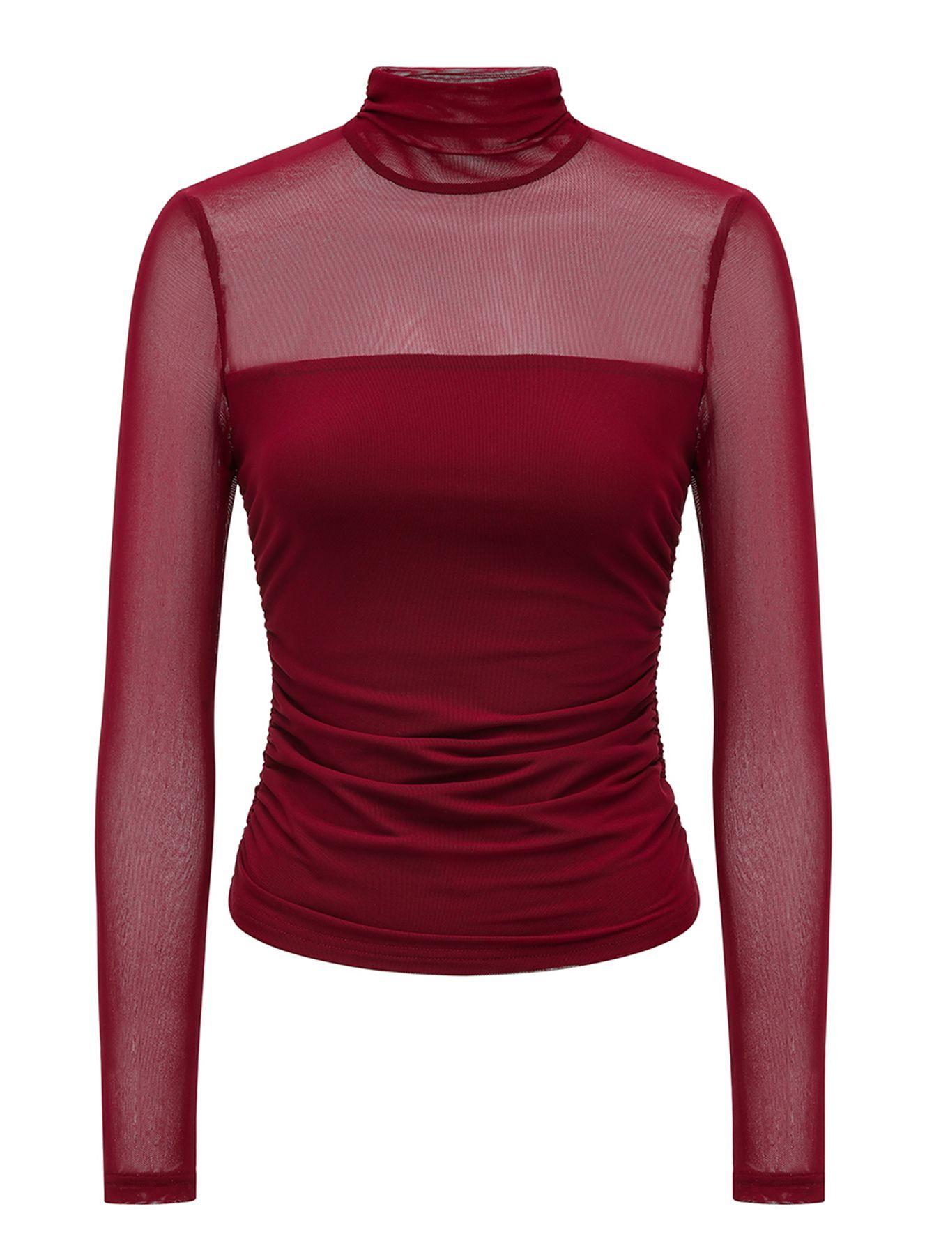 Women's Mesh Sheer Long Sleeve Ruched Top, Sexy Fitted High Neck, Fashion Chic Versatile Base layer