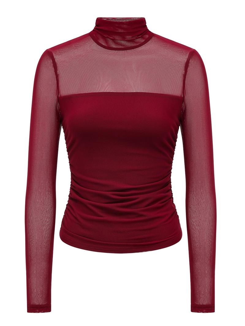 Women's Mesh Sheer Long Sleeve Ruched Top, Sexy Fitted High Neck, Fashion Versatile Base layer