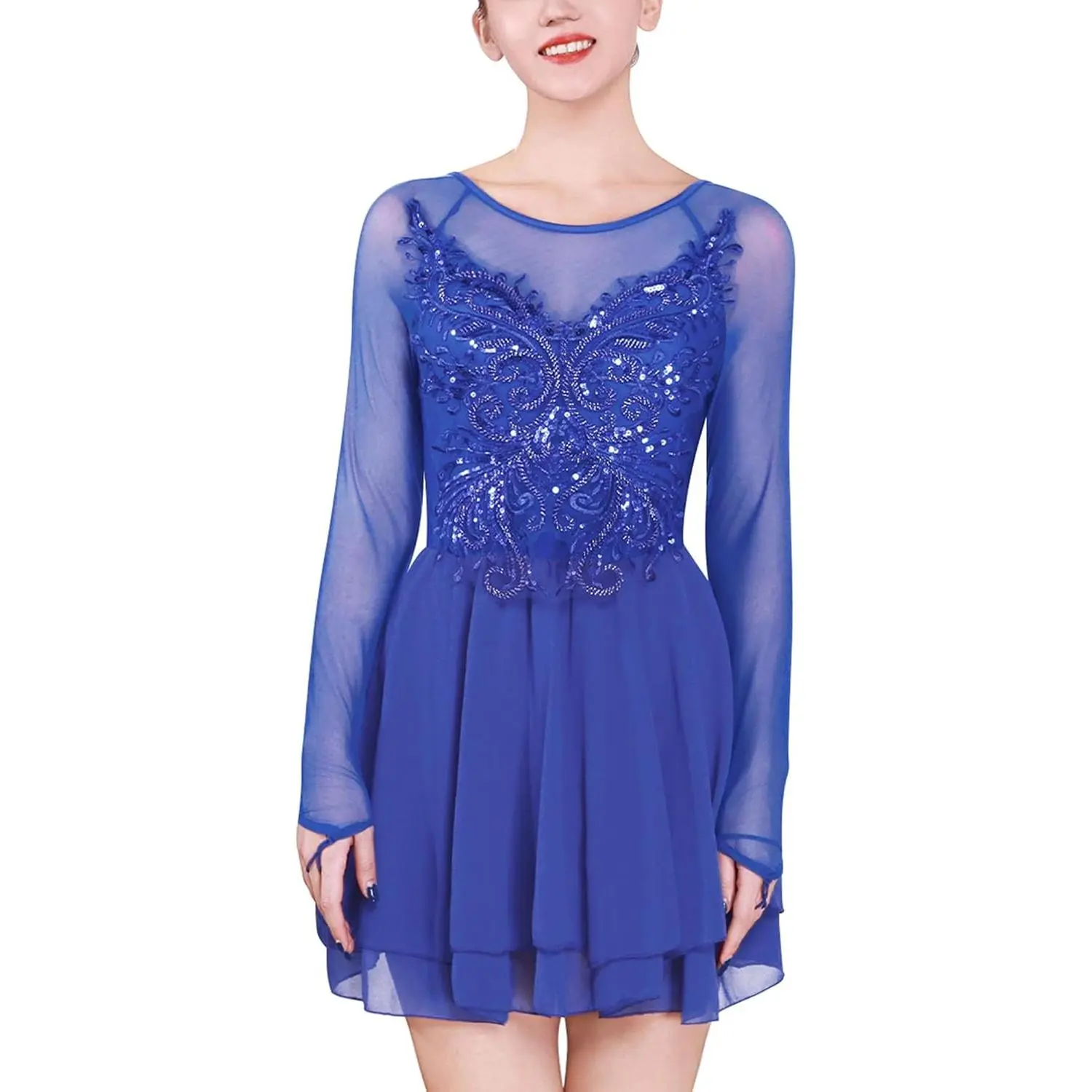 Figure Skating Dress for Women Mesh Long Sleeve Criss Cross Back Sequin Bead Chiffon Skirted Leotard Dancewear