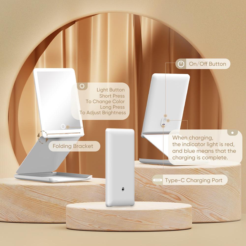 Jack & Rose Travel Makeup Mirror with 3 Color Lights，Adjustable Height and Angle,Portable Folding Mirror，Touchable Screen，Adjust Brightness Summervibes