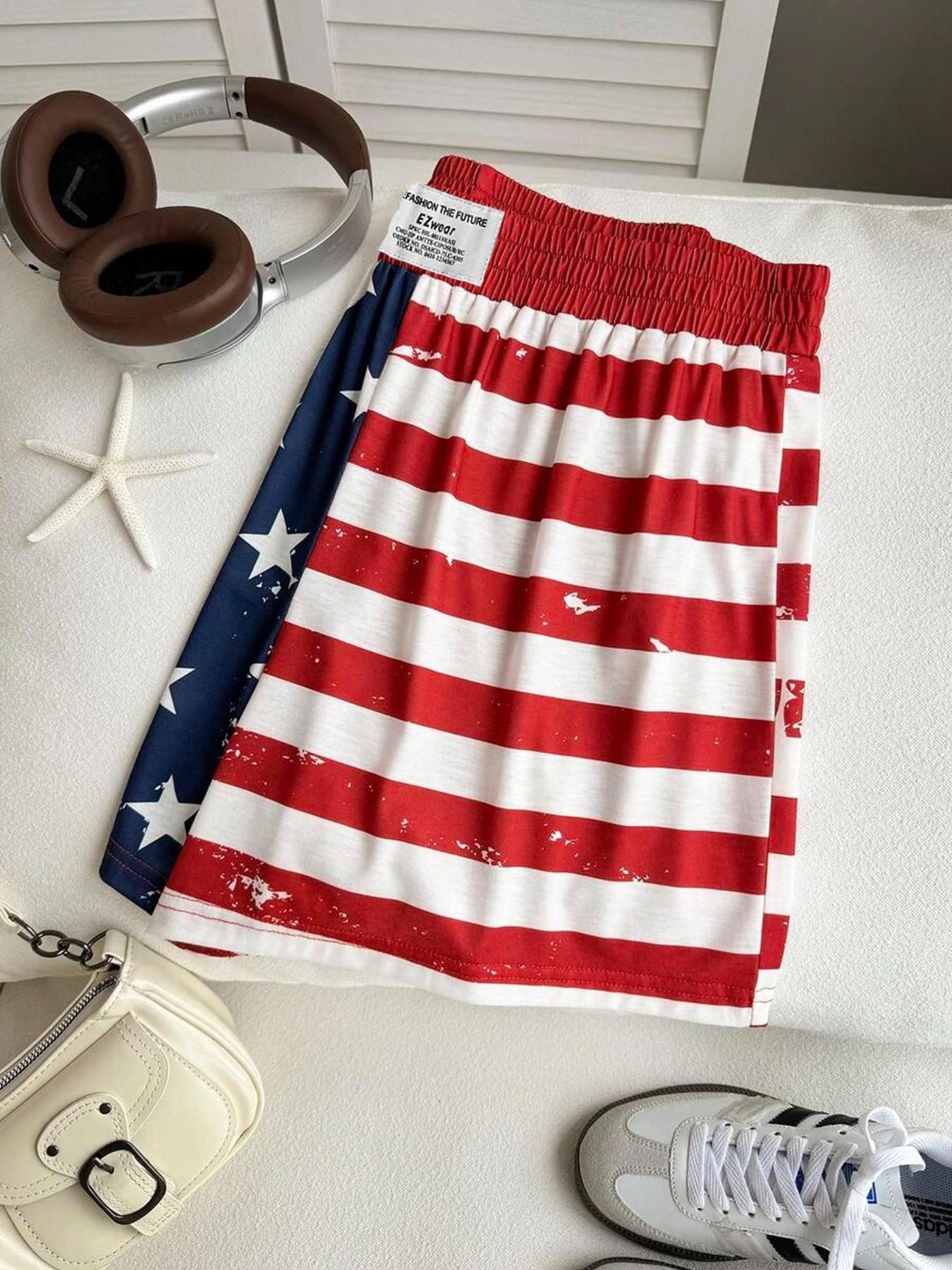 American Vintage Flag Brief Shorts, Y2K Elastic Waist, Loose-Fitting Casual Style, All over Print, Summer Fashion, Youthful Look