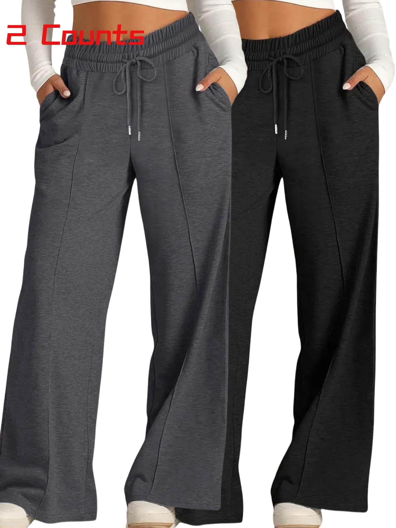Women's Plain Drawstring High-Waisted Wide-Leg Pants, Loose Fit, Casual with Pockets, Elastic Waist, All Seasons, Daily Wear, Outerwear, Home Wear