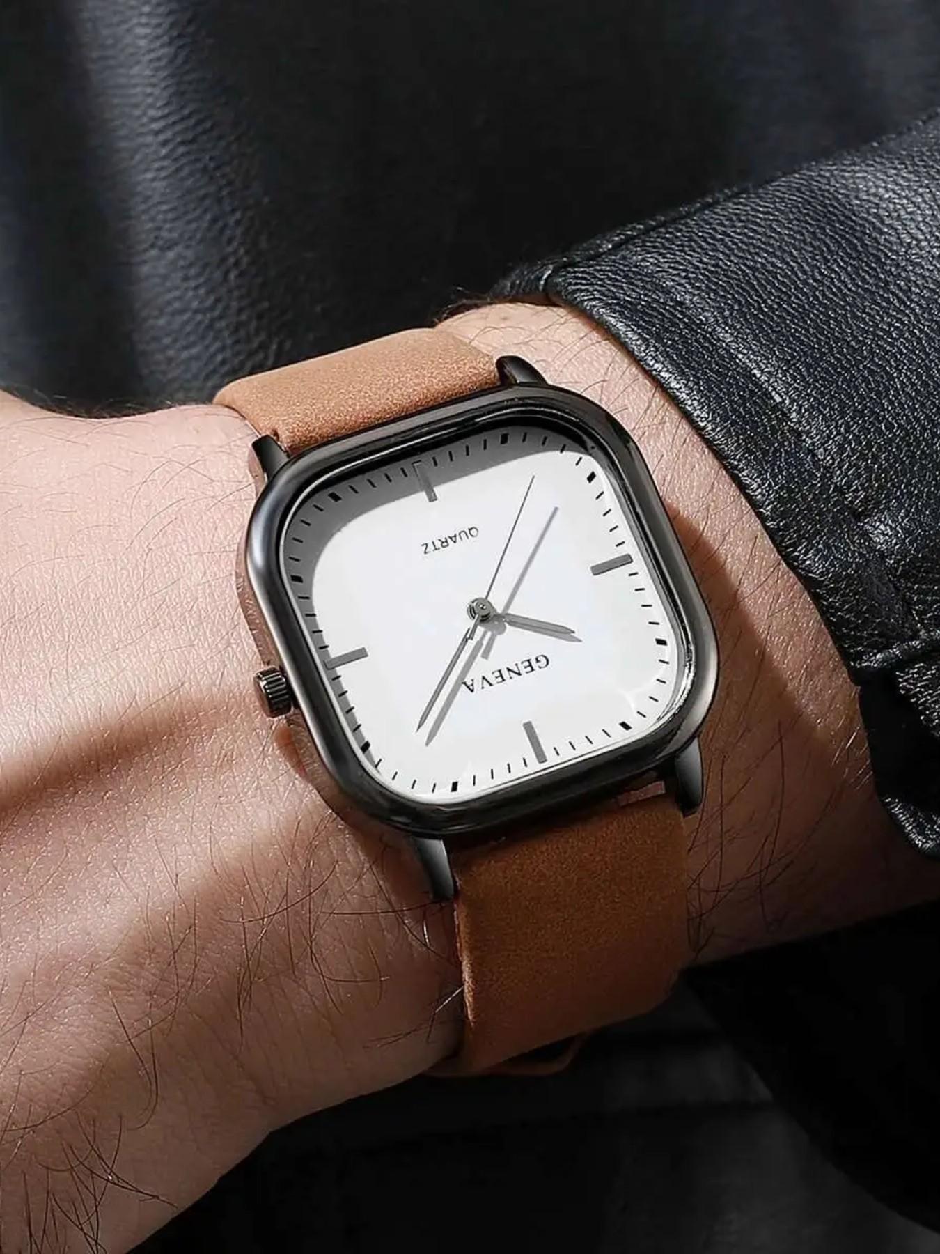 Elegant Fashion Business Leather Strap Square Men's Watch, Rectangular Analog Quartz Watch, Perfect Gift for Valentine's Day and Birthday
