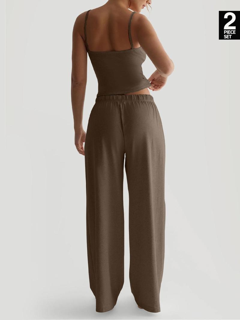 Women's Fall 2-Piece Set, Athleisure Wear Set, Sleeveless Top & Wide-Leg Pants, Casual Comfortable Sportswear with Pockets, All Seasons Fitted