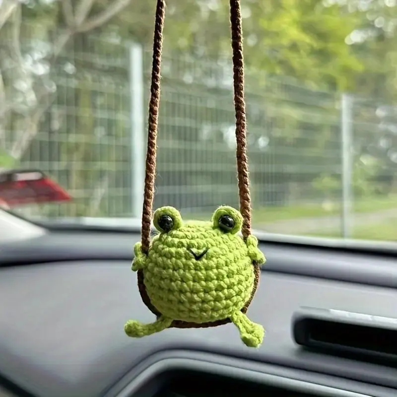 Car Charm, Handmade Crochet Yarn Frog on a Swing, Cute Dual Use Accessory for Car Mirror or Bags, Gift for Birthdays, Animal Enthusiasts, Unisex, Adds Personality, Mirror/Bags
