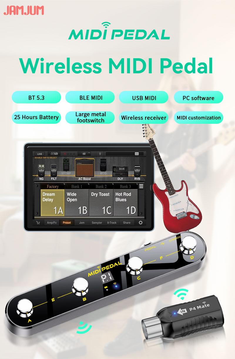 JAMJUM Wireless Midi Control Pedal with 4 Buttons, USB Rechargeable Battery, with APP, Portable Design for Music Production & Performance