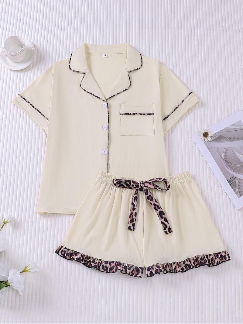 Women's Contrast Binding Pajama Two-piece Set, Short Sleeve Button Up Top & Shorts Pj Set, Casual Comfy Loungewear Set for Women, Nightwear, Casual Sleepwear Set