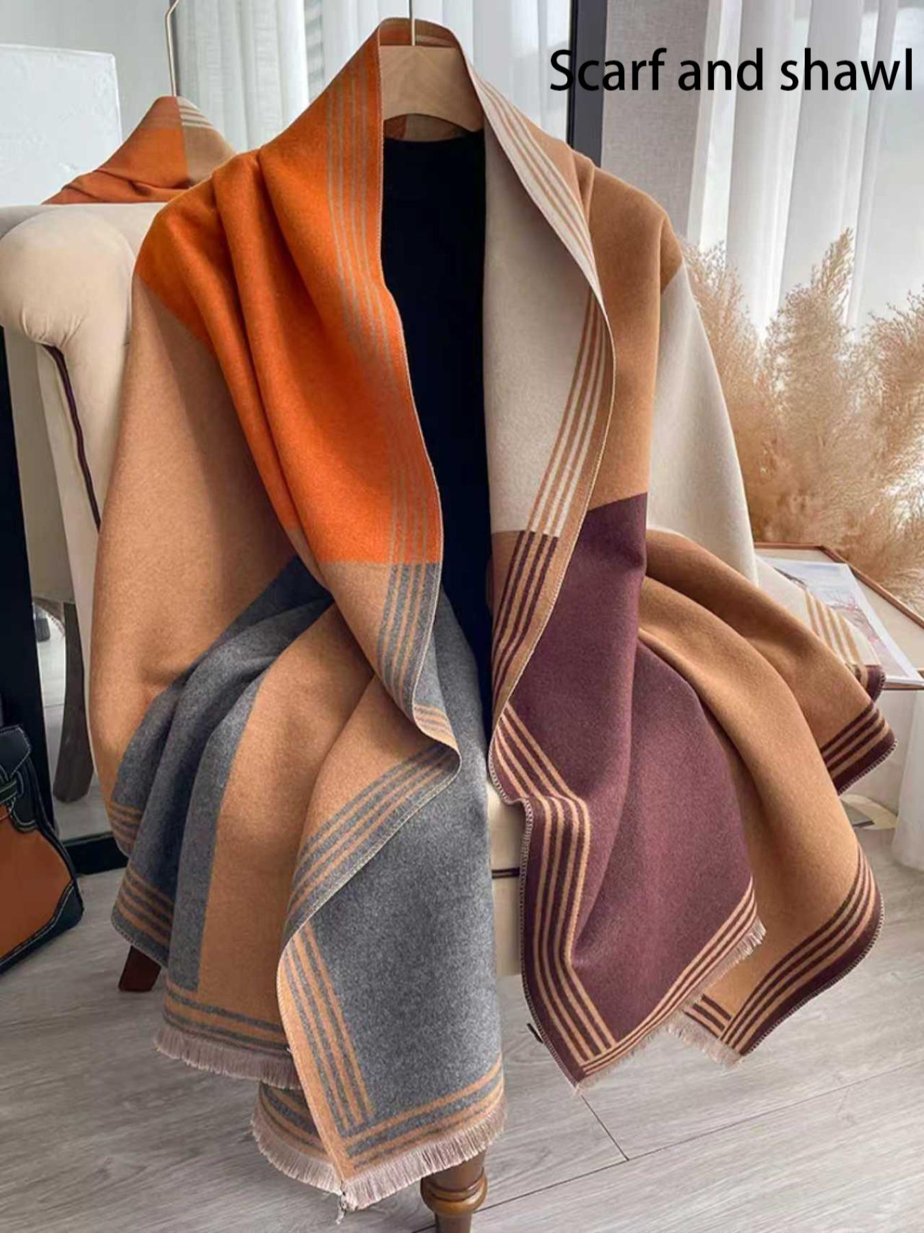Women's Colorblock Tassel Decor Double Sided Scarf, Casual Soft Warm Shawl for Fall & Winter, Fashion Accessories for Women & Men