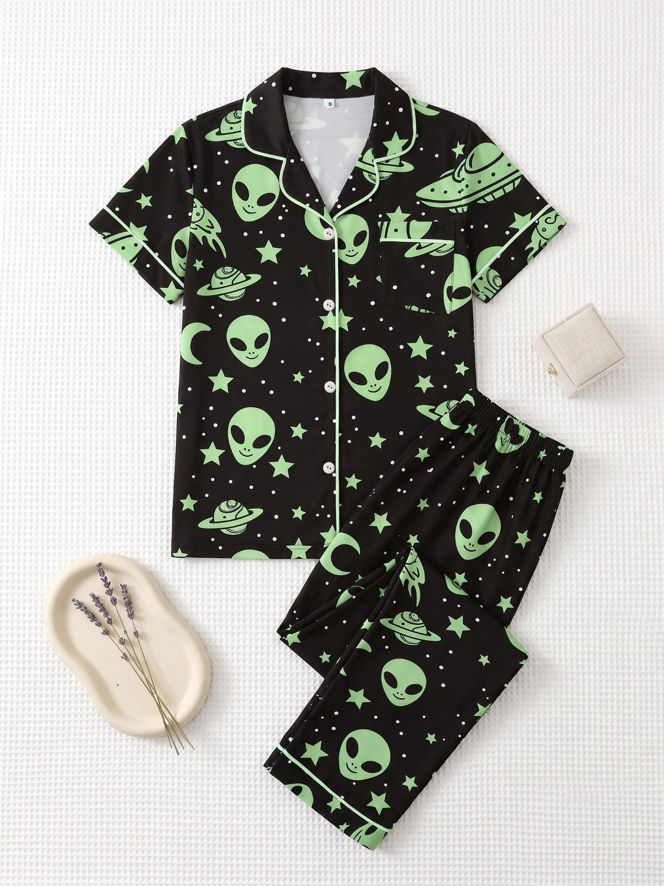 Alien Ufo Print Pajama Set, Short Sleeve Ankle-Length Sleepwear, Soft Breathable Casual Home, Women's 2-Piece Set