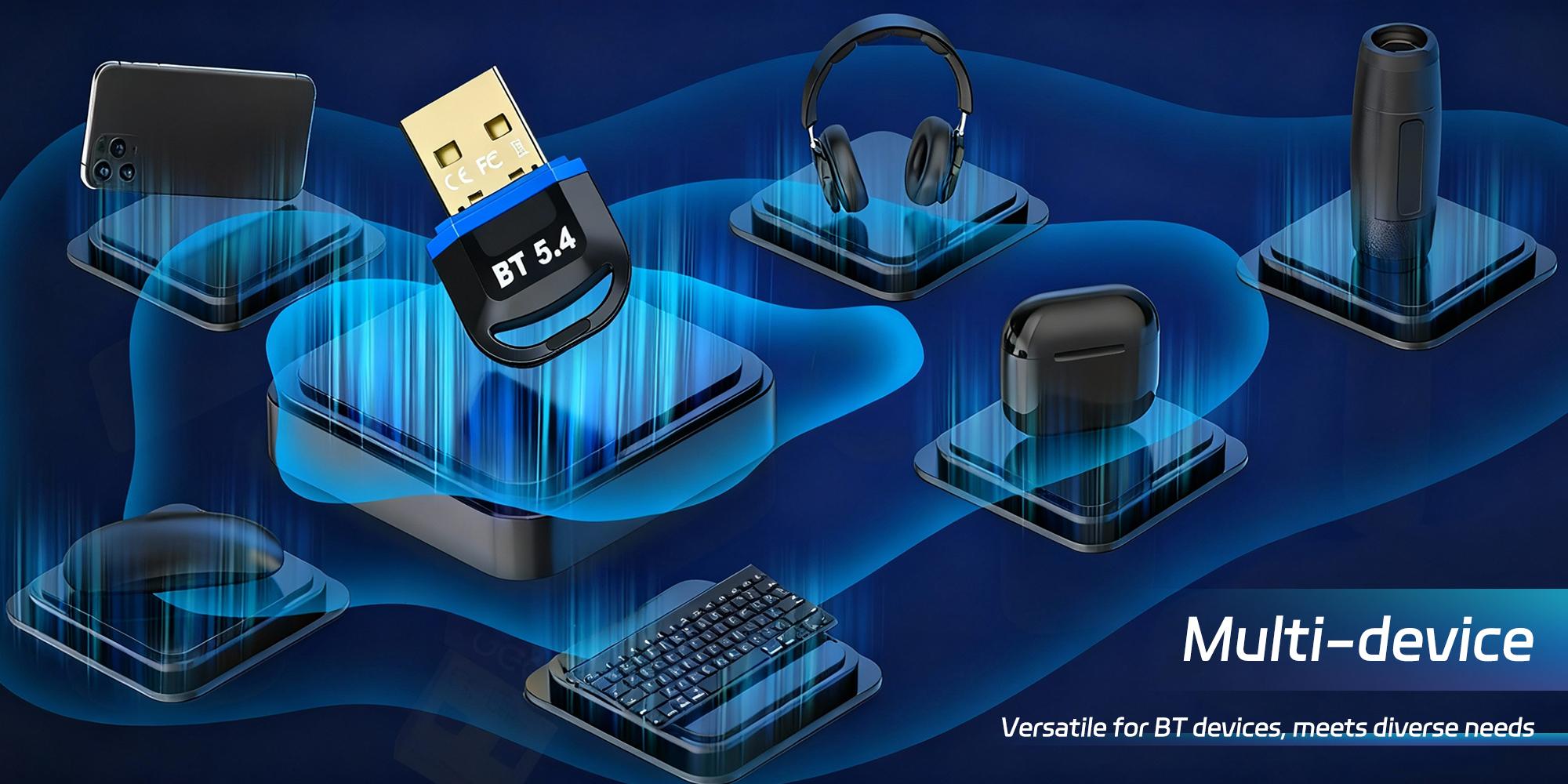 Wireless Bluetooth Adapter for Desktop - 65 Feet Long Range USB Dongle with BT 5.4 Technology, Supports Audio & Data Transfer, Easy Installation for Wireless Speakers, Headsets, Keyboards, Mice for Home and Office Setup