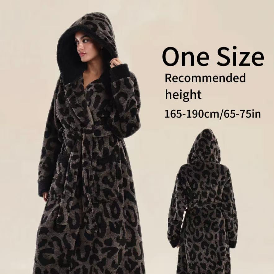 European Elegant Coffee Leopard Print Flannel Bathrobe Loungewear Nightwear, Hooded with Belt and Pockets, Unisex Fit, Soft and Comfortable
