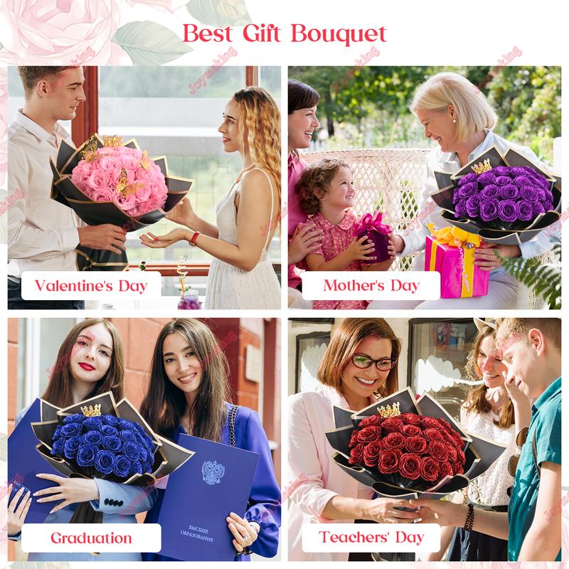 24/36 Pcs Valentine Gift Glitter Roses Bouquet Set DIY Fake Flowers Bouquet with 3D Butterflies Crowns Alphabet Stickers & Ribbons for Girlfriend Wife Mom Friend Women Gift Perfect for Valentine's Day Birthday Engagement Wedding Anniversaries Graduation