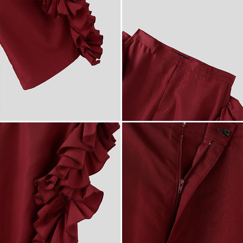 INCERUN Mens High Waist Zipper Ruffles Holiday Party Casual Loose Bottoms Wide Leg Trousers Long Pants