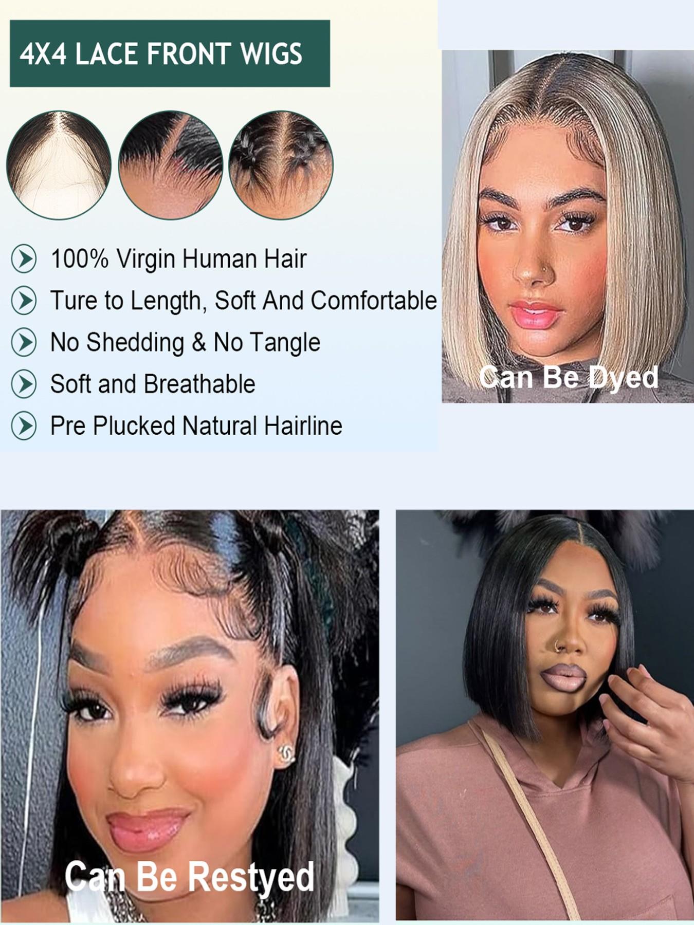 4x4 Straight Lace Closure Human Hair Wig, 10-16 Inch Short Bob, Transparent Lace Part, Natural, Pre-Pulled Hairline, Multiple Colors Available