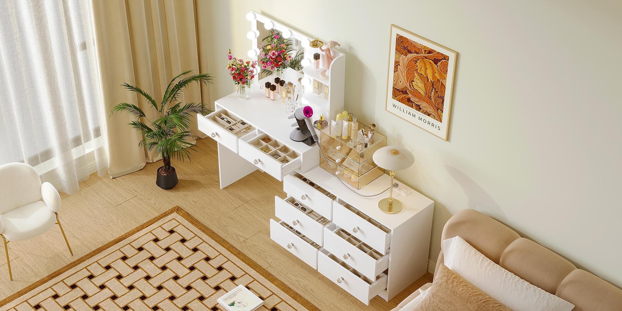 【Black Friday】VOWNER Makeup vanity mirror and Lights & Power Outlet, 8 Drawers, Makeup Vanity Table with 2 Shelves,White dressing table Furniture Storage