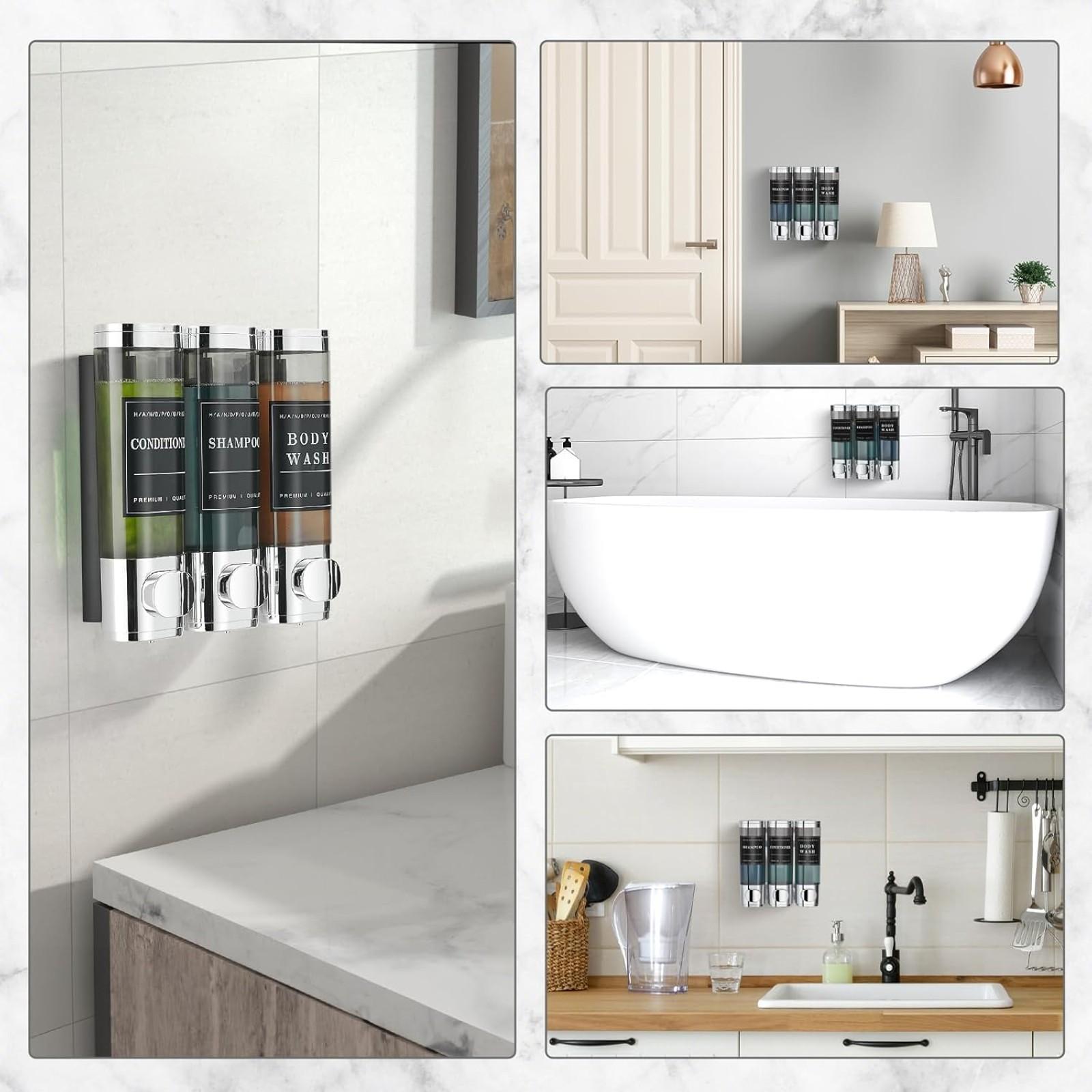 Shampoo and Conditioner Dispenser, Shower Soap Dispenser 3 Chamber No Drill Wall-Mounted Shampoo Dispenser for Shower