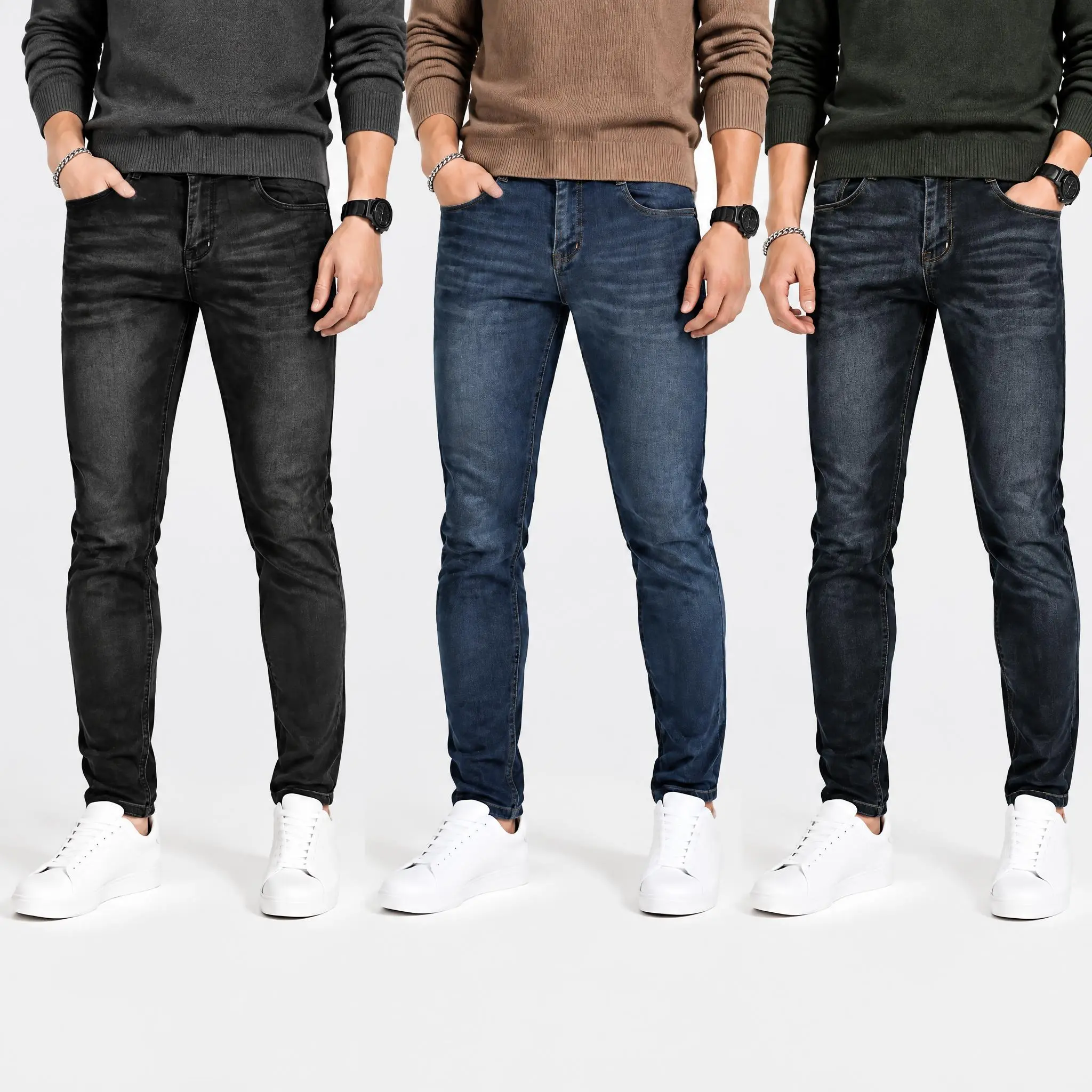 Men's Classic Slim-Fit Fitted Jeans Pants 3-Pack - Menswear Wear-Resistant Polyester-Elastane Fabric, Denim Look, 5-Pocket Button-Front, Plain Pocket, Casual Day Wear Jeans