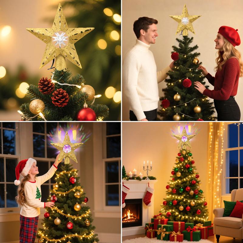Golden Rotating Christmas Tree Topper with RGB LED Lights, 360° Spinning Diamond & Projection, Festive Tree Decoration with Power, Christmas Tree Topper with Lights, Christmas Decorations for Home Indoor, Candyland Christmas Tree Decorations