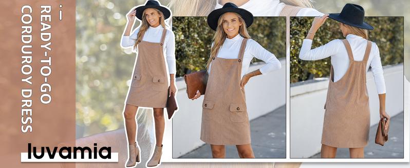 Luvamia Corduroy Overall Dress for Women Adjustable Straps Casual Fashion Overalls Pinafore Short Dresses with Pockets Comfort Womenswear Minimalist Strappy