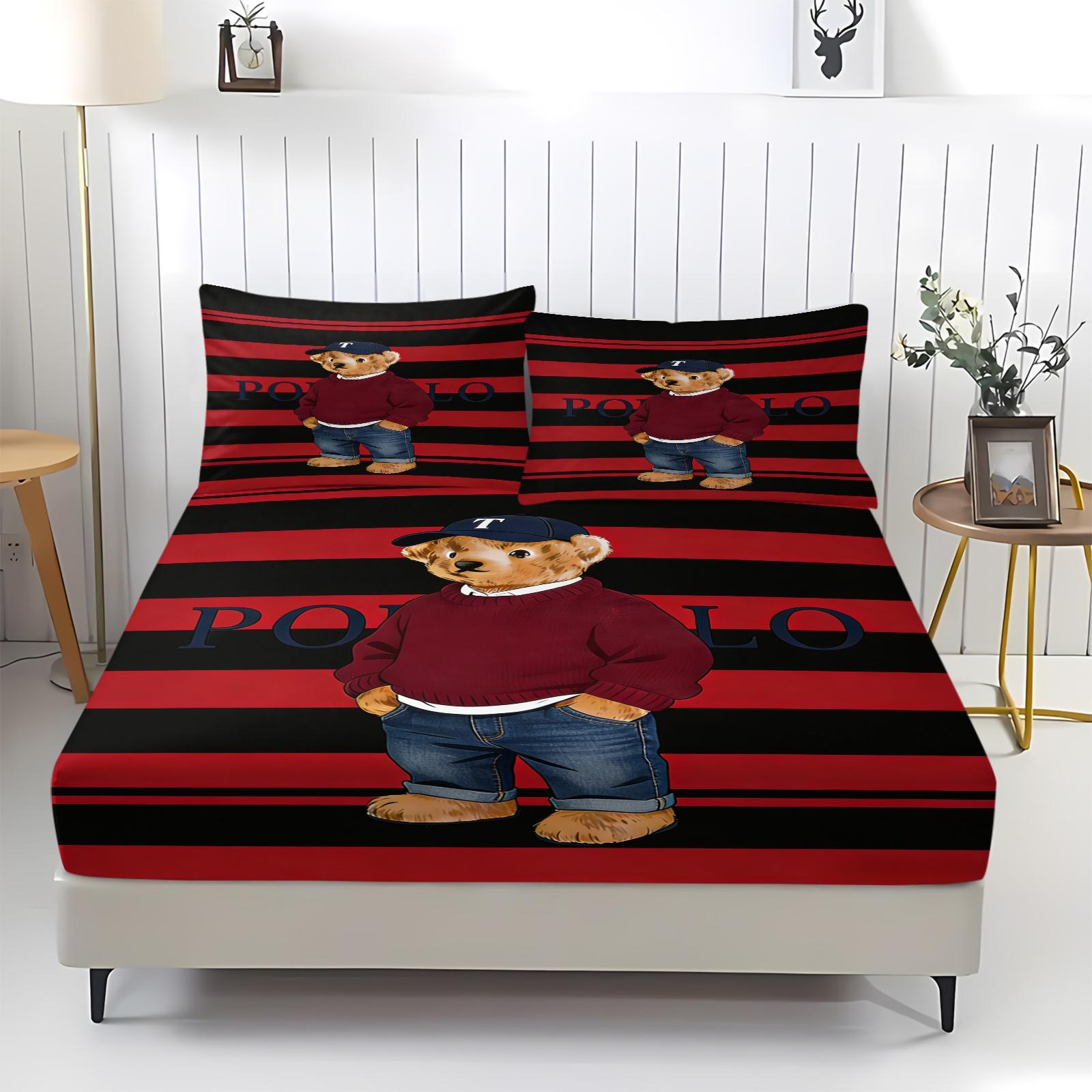 Teddy Bear Pattern Bed Sheet, Comfortable Printed Pattern, Includes 1 Bed Sheet and 2 Pillowcases, Comfortable Bedding, Non slip Dust Cover Suitable for Bedroom and Guest Room, Suitable as a Gift for Children or Adults