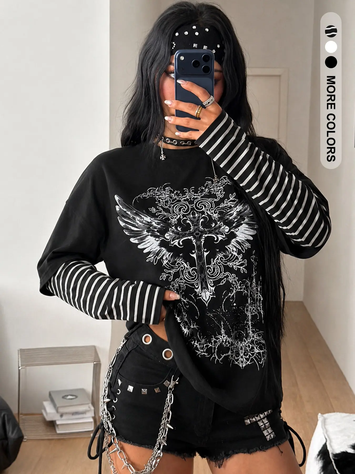 Unisex Gothic Punk Stripe Patchwork Two-Piece Set, Wings Print Round Neck Fake Two-Piece T-Shirt, Streetwear Essential for Music Festivals