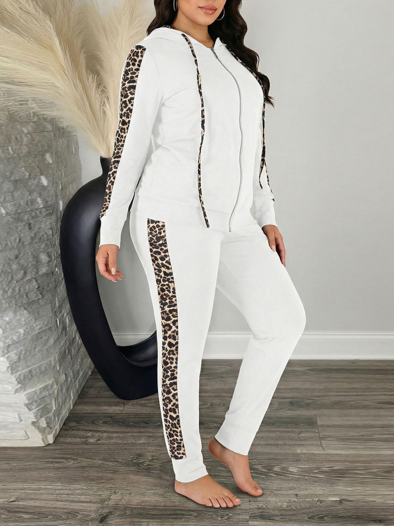 Women's Leopard Print Patchwork Hoodie Set, Long Sleeve Sweatshirt & Pants, Casual Style Fall Winter, Fitted Natural Waist Design