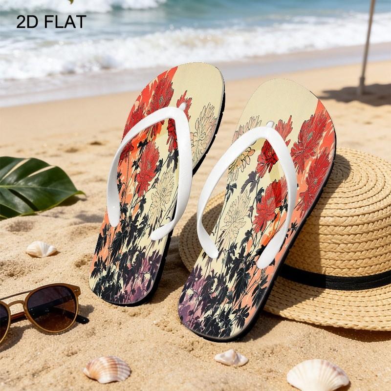 Women's Flip Flops, Artistic Chrysanthemum Print, Multiple Colors & Sizes Available, Comfortable Stylish Sandals for Daily Wear, Casual Summer Beach Shoes, Trendy Ladies Fashion Footwear, Women Shoes