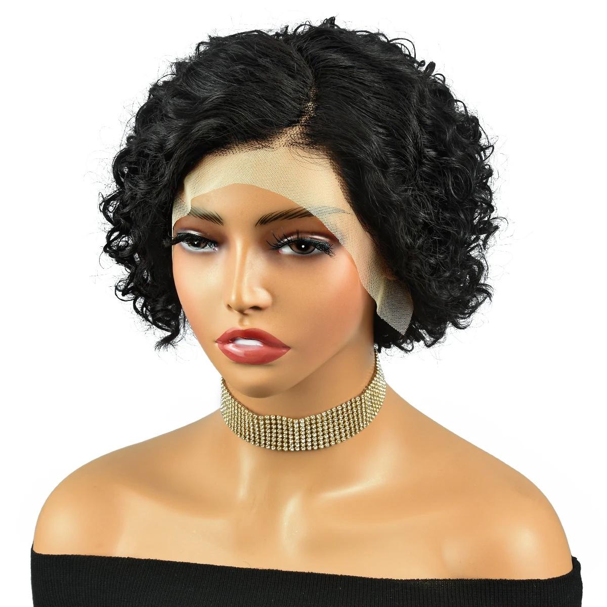 Short Bob Wig Pixie Cut Curly Human Hair Wigs For Women Black Color 13x1 T part lace closure Deep Wave Lace Wig Preplucked Hair