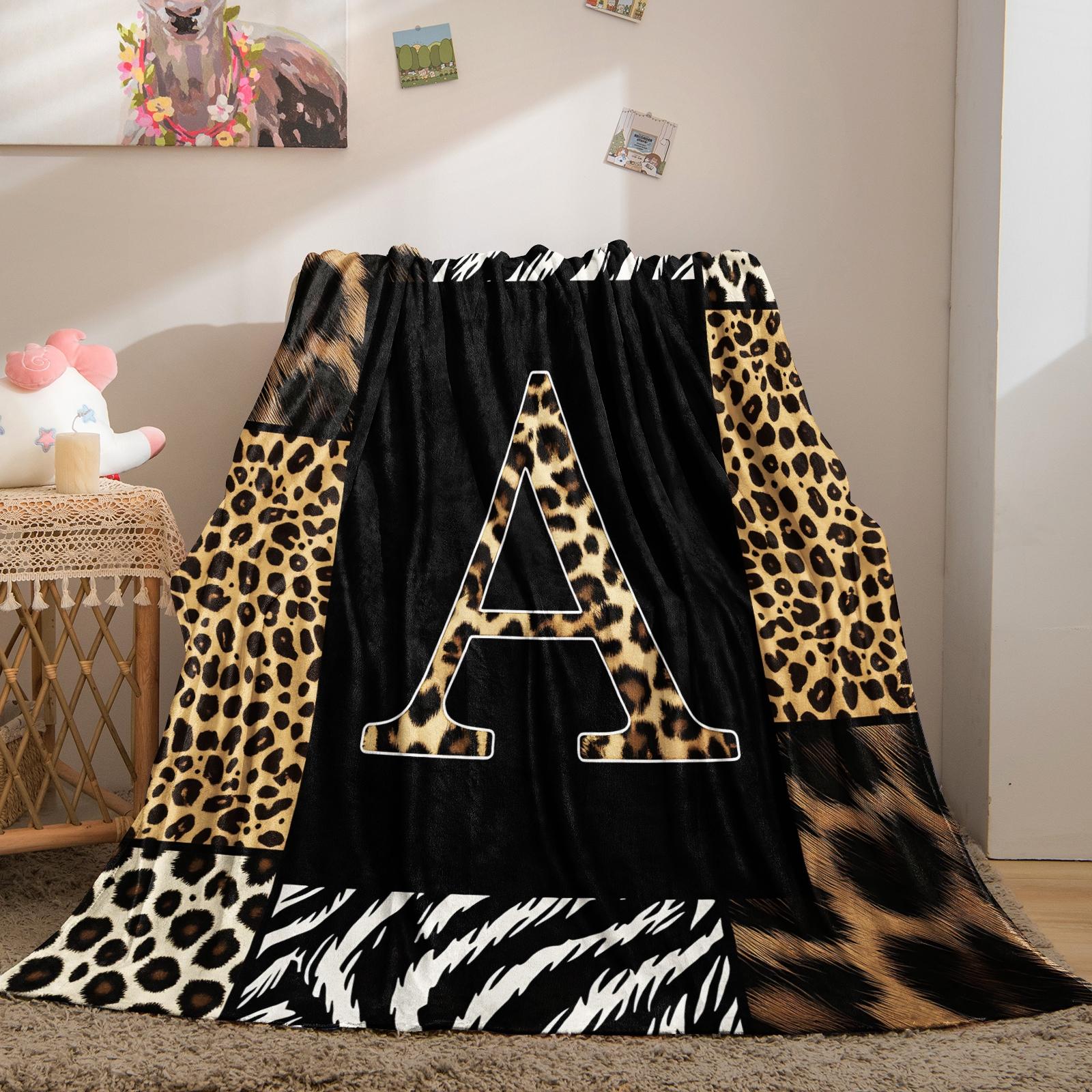 Animal Print Monogram Throw Blanket, Leopard Zebra Tiger Initial Soft Flannel Blanket for Sofa Bed, Gift for Animal Lovers