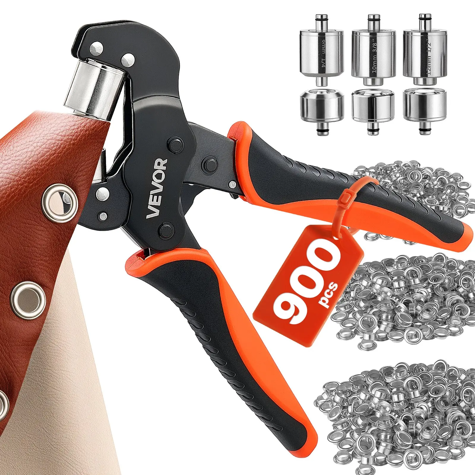 VEVOR Manual Grommet Press Pliers Tool Kit with 900 PCS Eyelets+Washers, 1/4"-1/2" Sizes, Hole Puncher, Blocks for Craft Users, Fabric & Leather Surfaces